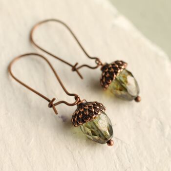 Small Speckled Green Oval Acorn Earrings, 3 of 10