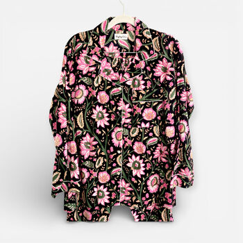 Black And Pink Block Print Floral 100% Cotton Ladies Pyjamas, 2 of 3