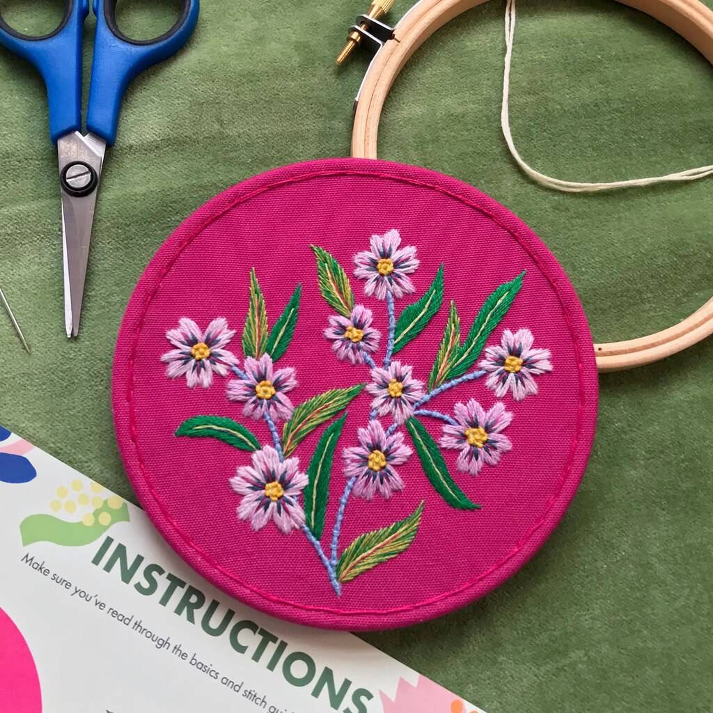 Bright Pink Floral Embroidery Kit, 1 of 5