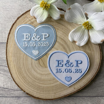 Something Blue Personalised Initials And Date Heart Embroidered Cloth Patch, 2 of 3