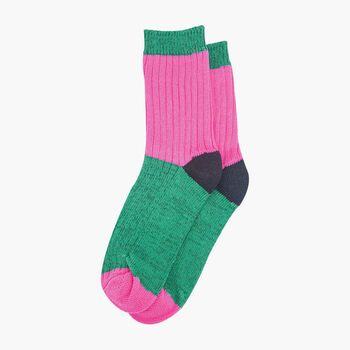Glitter Mid Calf Ribbed Cotton Boot Socks Colour Block Pink Green, 2 of 4