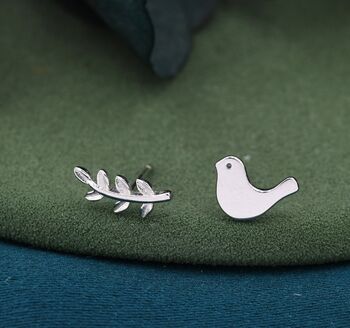 Mismatched Peace Dove Bird Olive Branch Stud Earrings, 3 of 9