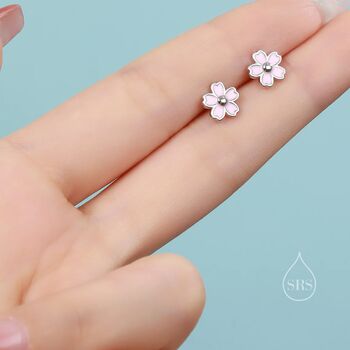 Enamel Cherry Blossom Stud Earrings Sterling Silver, 7 of 10