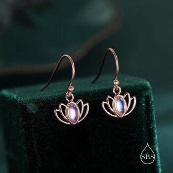 Sterling Silver Lotus Flower Drop Hook Earrings With Lab Moonstone, 3 of 11