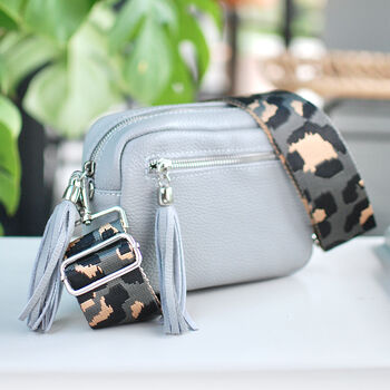 Grey Leather Crossbody Bag With Patterned Strap, 5 of 8