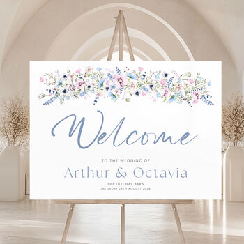 Wildflower Wedding Welcome Sign Pink And Blue, 3 of 5