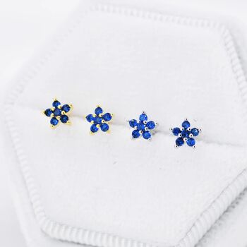 Sterling Silver Sapphire Blue Flower Cz Stud Earrings, 6 of 12