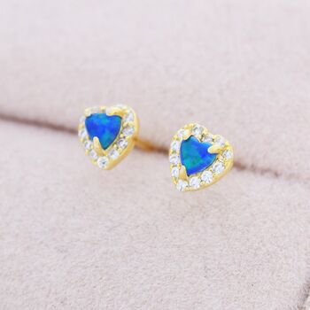 Tiny Blue Opal Heart Cz Stud Earrings Sterling Silver, 7 of 11