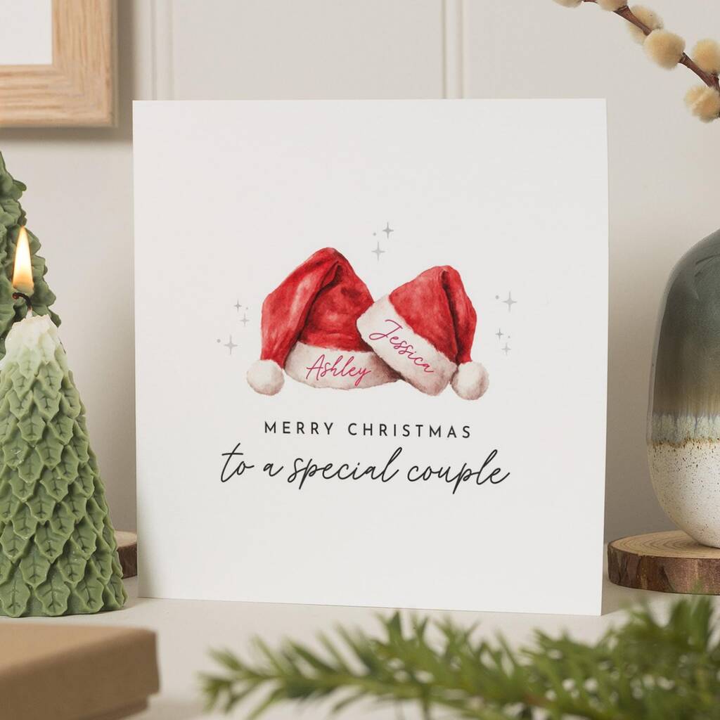 Personalised Couple Christmas Card With Santa Hats, 1 of 7