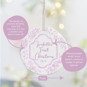 Baby's First Christmas Personalised Floral Ceramic Tree Decoration Pink Or Blue, 4 of 4