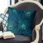 Peacock Cushion, Feathers On Blue, Multiple Cols Avail, thumbnail 1 of 9