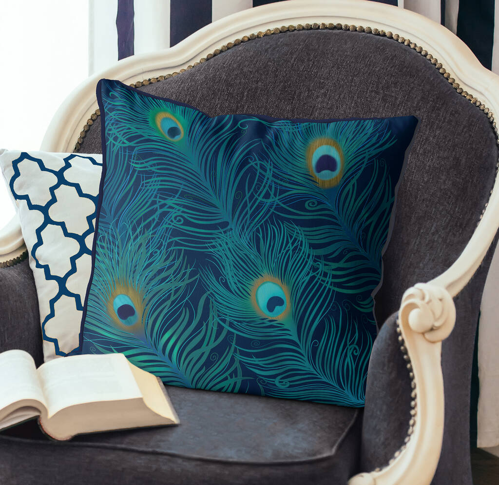Peacock Cushion, Feathers On Blue, Multiple Cols Avail, 1 of 9