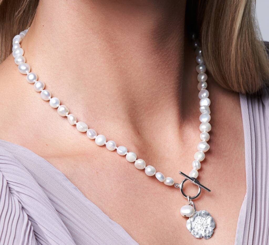 Vita Pearl Necklace With Silver Cherry Blossom Charm, 1 of 4