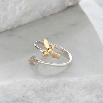 Adjustable Bee And Leaf Ring In Silver And Gold Vermeil, 3 of 5