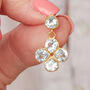 Blue Topaz Clover Gold Plated Silver Stud Drop Earrings, thumbnail 2 of 12