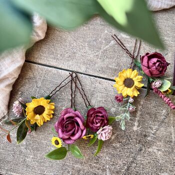 Sunflower, Burgundy And Dusty Pink Hair Pins, 6 of 9
