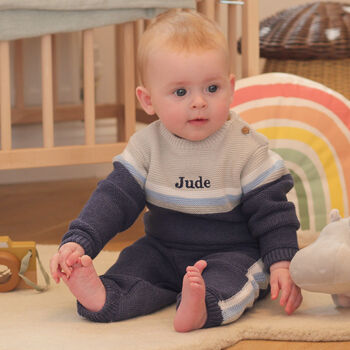 Personalised Blue Knitted Two Piece Baby Clothes, 8 of 12