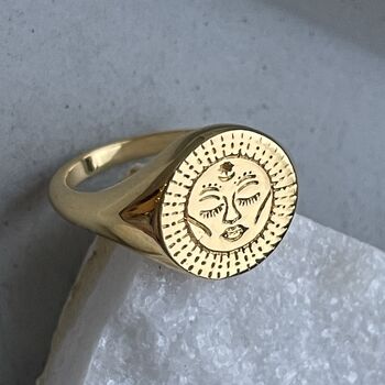 Sterling Silver Gold Moon Face Signet Ring, 4 of 11