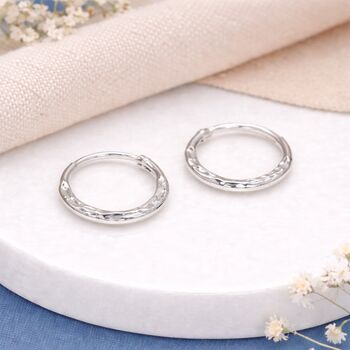 Hammered Sterling Silver Sleeper Hoop Earrings – 12mm, 3 of 7