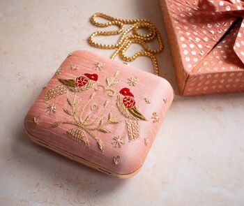 Pyar Peach Silk Birds Embroidered Clutch, 4 of 5