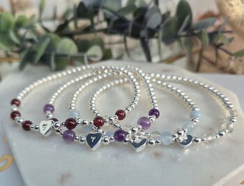 Sterling Silver April Crystal Gemstone Beaded Bracelet: April Birthstone Personalised Initial Heart, 7 of 7