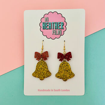 Christmas Glitter Bell And Bow Earrings, 5 of 5