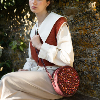 Magical Mushroom Embroidered Burgundy Velvet Circle Bag, 7 of 7