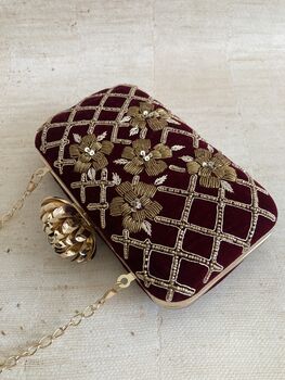 Maroon Velvet Handcrafted Rectangular Clutch Bag, 9 of 10