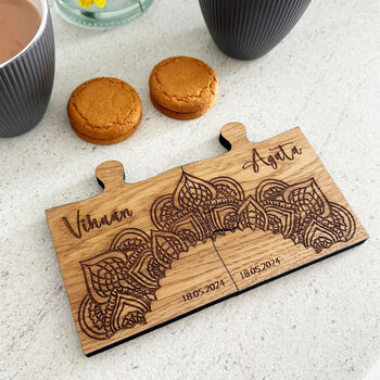 Oak Veneer Personalised Jigsaw Coasters Hindu Design, 4 of 7