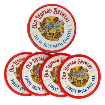 Old Leopard Brewery Set Of Four Metal Coasters, 3 of 5