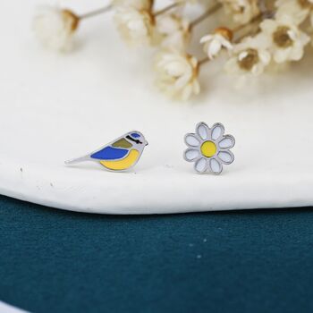 Sterling Silver Blue Tit Bird And Flower Stud Earrings, 4 of 7