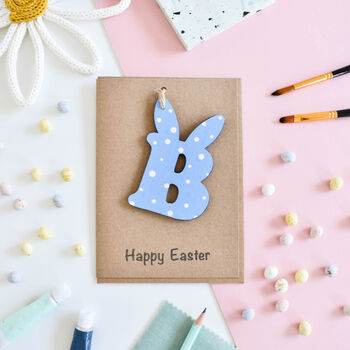 Personalised Easter Card Wooden Letter Bunny Blue, 2 of 2