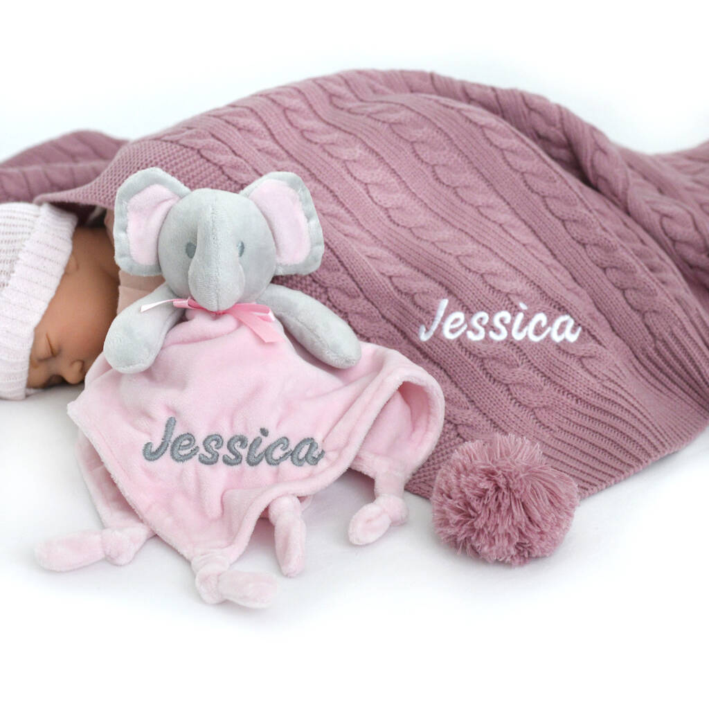 Personalised Elephant Comforter And Cable Blanket Pink, 1 of 11