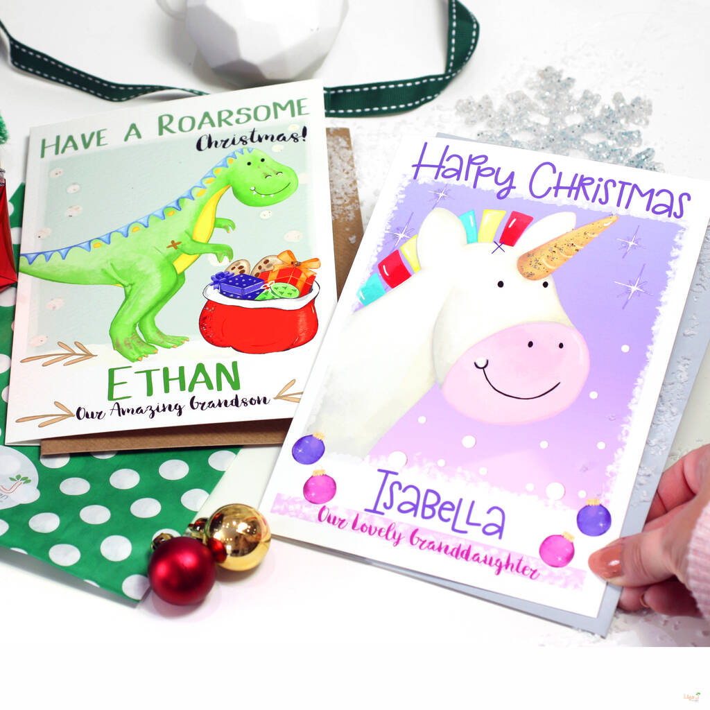 Grandchildren Christmas Card Dinosaur Or Unicorn, 1 of 9