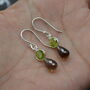 Smoky Quartz Peridot Earrings: Gold, Silver,Dangle Drop, thumbnail 5 of 6