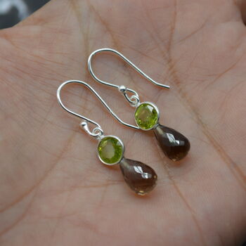 Smoky Quartz Peridot Earrings: Gold, Silver,Dangle Drop, 5 of 6