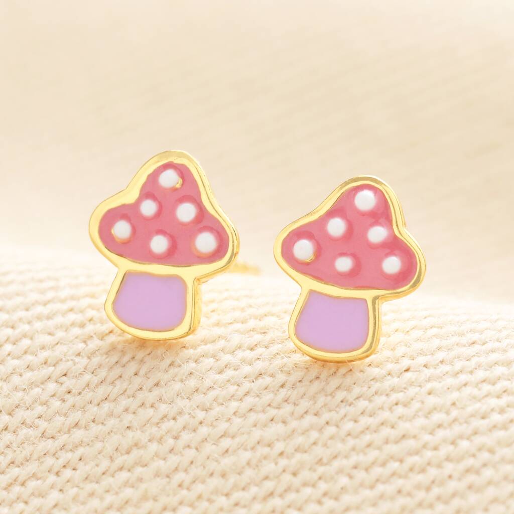 Sterling Silver Enamel Pink Toadstool Stud Earrings In Gold, 1 of 1
