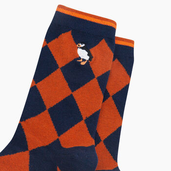 Embroidered Puffin Argyle Combed Cotton Socks In Navy/Orange, 2 of 4