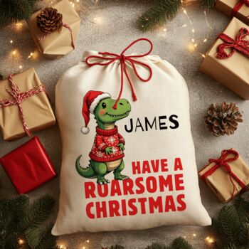 Personalised Christmas Sack Roasome Christmas Dinosaur Design, 2 of 5