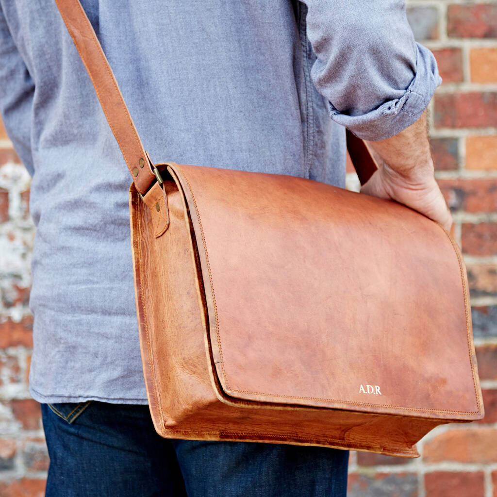 Personalised Large Brown Leather Messenger Bag, 1 of 9