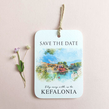 Save The Date Tag With Wedding Destination Illustration, 7 of 12