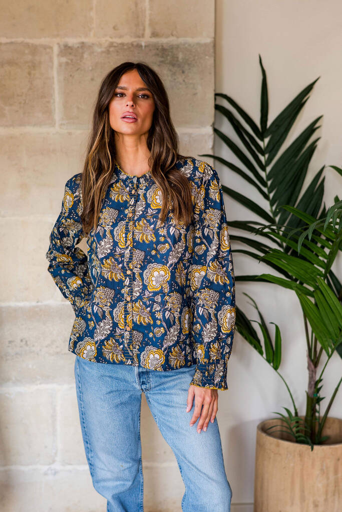 Indian Cotton Midnight Marigold Printed Top, 1 of 4