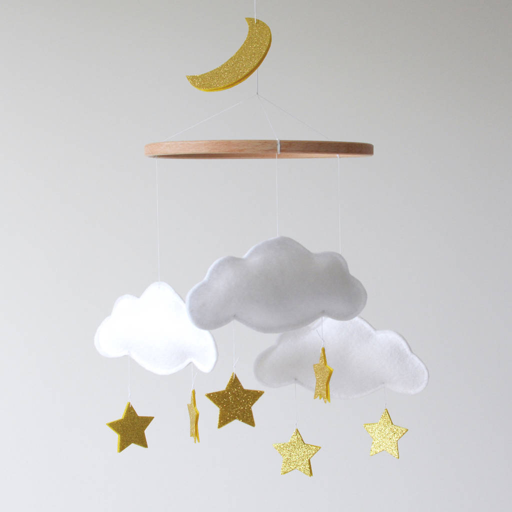 Cloud Star And Moon Baby Mobile White And Gold, 1 of 3