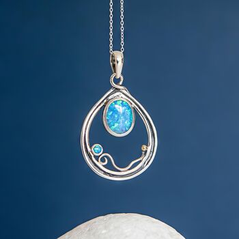 Molten Sterling Silver Halo Teardrop Blue Opal Necklace, 2 of 12