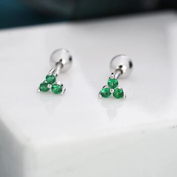 Tiny Three Emerald Green Cz Screw Back Earrings, 2 of 10