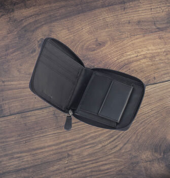 Men's Black Leather Wallet Zip Around Rugged Black Leather Rfid Protected, 5 of 7