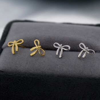 Sterling Silver Ribbon Bow Stud Earrings, Dainty Earrings, 3 of 12