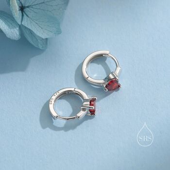 Garnet Red Heart Cz Huggie Hoop In Sterling Silver, 7 of 12