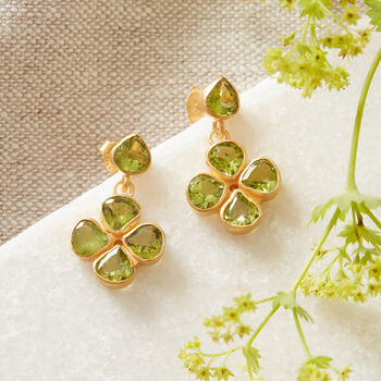Green Peridot Clover Gold Plated Silver Stud Earrings, 6 of 12