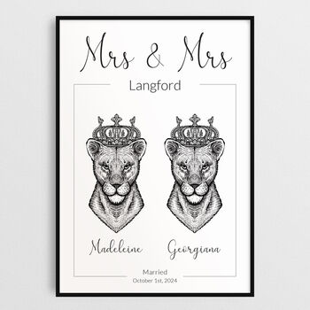 Personalised Mrs And Mrs Print Royal Lioness Portraits Lion Wall Art, 3 of 7